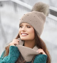 Elegancka czapka i komin damski, komplet wełniany zimowy, Elinja, beżowy, 56-60 cm