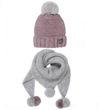 Komplet czapka i chusta dla dziewczynki, z pomponem, na zimę, Fanny, wrzos + szary, 52-55 cm