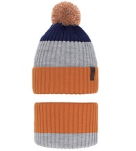 Komplet dla chłopca, czapka i komin zimowy, pomarańcz + szary + granat, Ralson, 52-55 cm