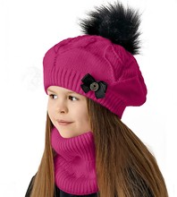 Komplet zimowy, beret i komin dla dziewczynki, Barisa, róż ciemny, 48-52 cm