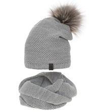 Komplet zimowy damski, czapka i komin, Lakiana, szary, 56-59 cm