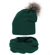 Komplet zimowy damski, czapka i komin, Lakiana, zielony butelkowy, 56-59 cm