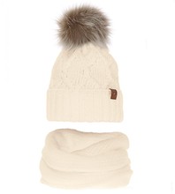 Komplet zimowy damski, czapka i komin, Rakecja, kremowy, 56-60 cm