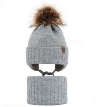 Komplet zimowy dla chłopca, czapka i komin, Dominik, szary, 44-47 cm