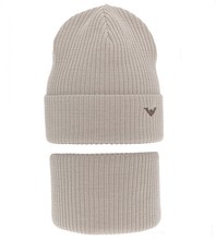 Komplet zimowy dla chłopca: czapka i komin, Moreo, beżowo-szary, 54-59 cm