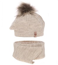 Komplet zimowy dla dziewczynki: beret i szalik, Ilefia, beżowy melanż, 50-54 cm