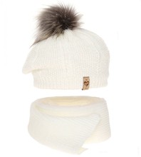 Komplet zimowy dla dziewczynki: beret i szalik, Ilefia, kremowy, 50-54 cm