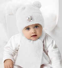 Komplet zimowy dla dziewczynki, czapka i szalik z alpaki, Gonone, biały, 40-44 cm