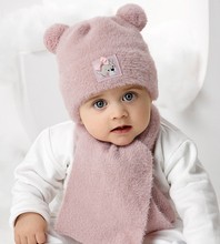 Komplet zimowy dla dziewczynki, czapka i szalik z alpaki, Gonone, różowy, 40-44 cm