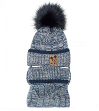 Zimowa czapka dla chłopczyka z futrzanym pomponem i komin, Toshio, granat melanż, 46-50 cm