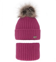 Zimowa czapka i komin dla dziewczynki, Liwow, ciemny różowy, 52-55 cm