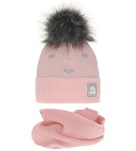Zimowa czapka i komin dla dziewczynki, Sajmin, róż pudrowy, 46-48 cm