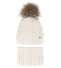 Zimowa czapka i komin dla dziewczyny, Wilma, biały śmietankowy, 52-56 cm