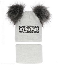 Zimowa czapka z dwoma pomponami i komin dla dziewczynki, Girl Pwr, szary, 48-50 cm