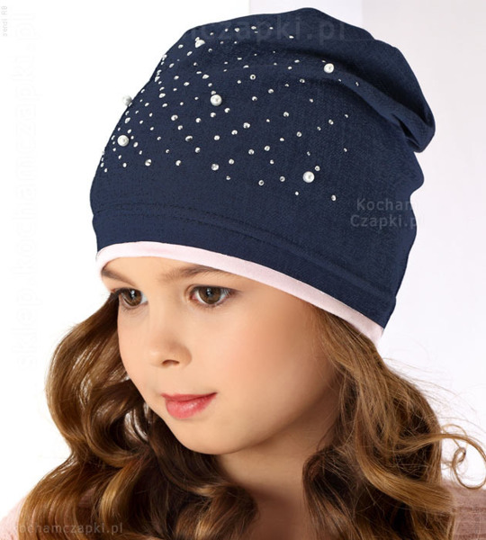 Bawełniana czapka dla dziewczynki z perełkami Denim  rozm. 51-54 cm