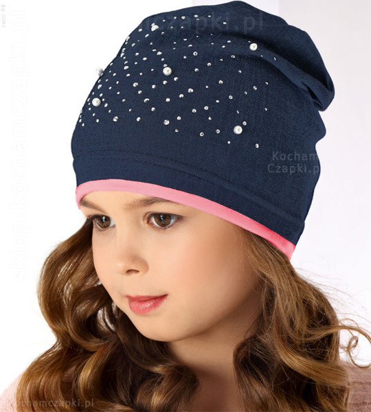 Bawełniana czapka dla dziewczynki z perełkami Denim  rozm. 51-54 cm