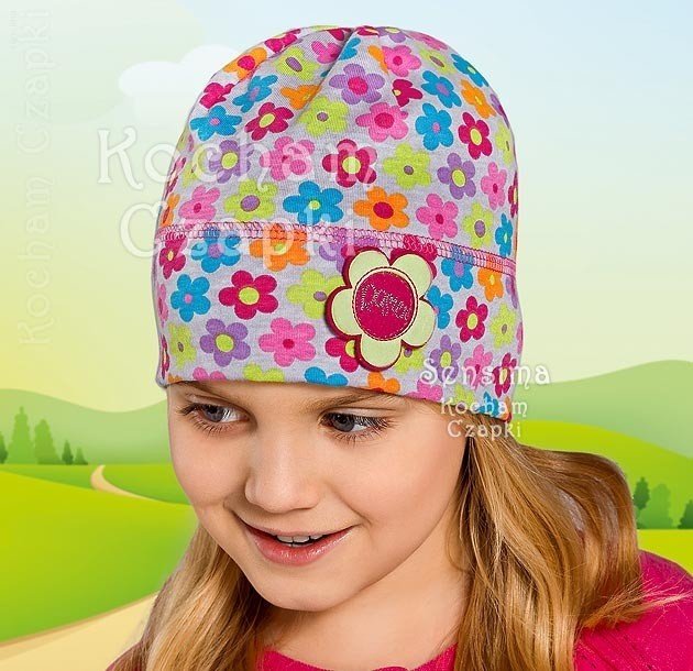 Bawełniana kolorowa czapka dla dziewczynki, wiosenne kwiatki rozm. 46-48 cm