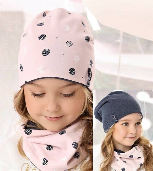 Bawełniany komplet wiosenny/jesienny, dwustronna czapka dla dziewczynki z kominem Martunia, rozm. 52-56 cm