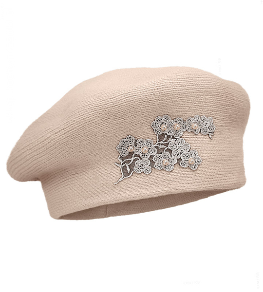 Beret damski, zimowy z perłami  Giovanna z dodatkiem wełny  rozm. 56-58cm