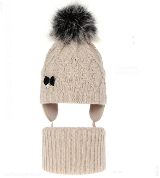Beżowy komplet, czapka i komin dla dziewczynki, Gulia  rozm. 48-50 cm