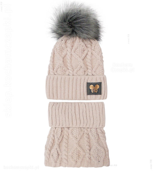 Beżowy komplet na zimę, czapka i komin dla dziewczynki,  Krisana rozm. 49-53 cm