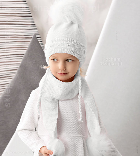 Biała czapka i szalik na zimę dla dziewczynki  Felicija rozm. 48-51 cm