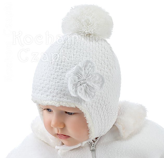 Biała niemowlęca czapeczka zimowa dla dziewczynki Agatka   rozm. 35-36 cm