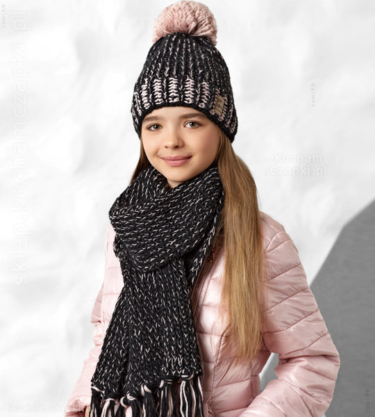 Ciepła czapka podszyta polarem i szal dla dziewczyny rozm.  53-55 cm