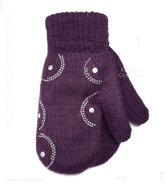 Ciepłe rękawiczki jednopalczaste, fioletowe, ze sznurkiem R49  rozm. 18 cm