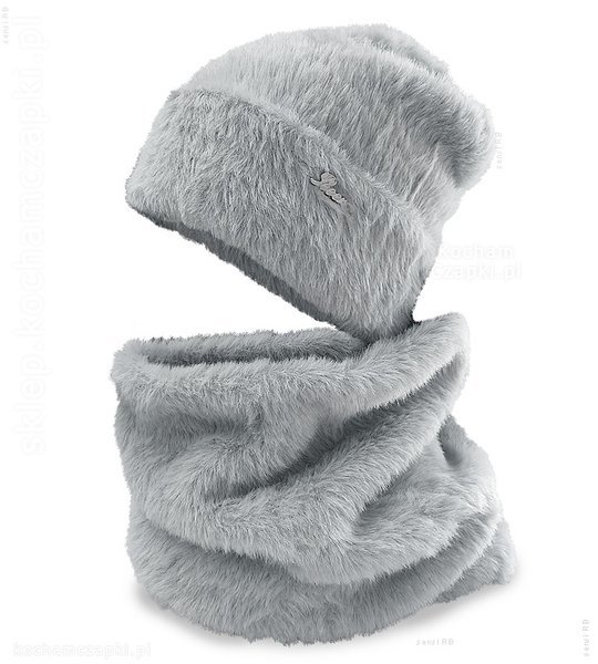 Ciepły komplet czapka beanie + komin, długi włos jak futerko- alpaka,  Manoela, szary, rozm. 55-57 cm