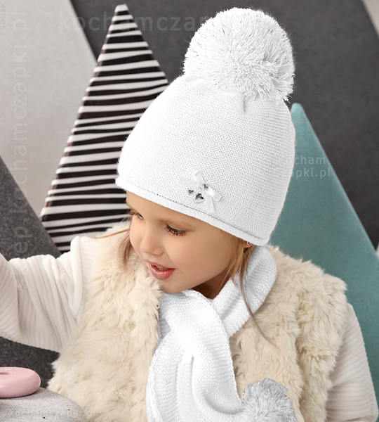 Czapka i szalik dla dziewczynki, Rabije, biały, 46-50cm