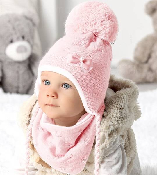 Czapka niemowlęca na zimę, zestaw z chusteczką, rozm. 36-38 cm