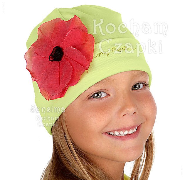 Czapka wiosenna/jesienna dla dziewczynki, Pupill Scarlet z kwiatem, seledynowa, 52-54 cm 