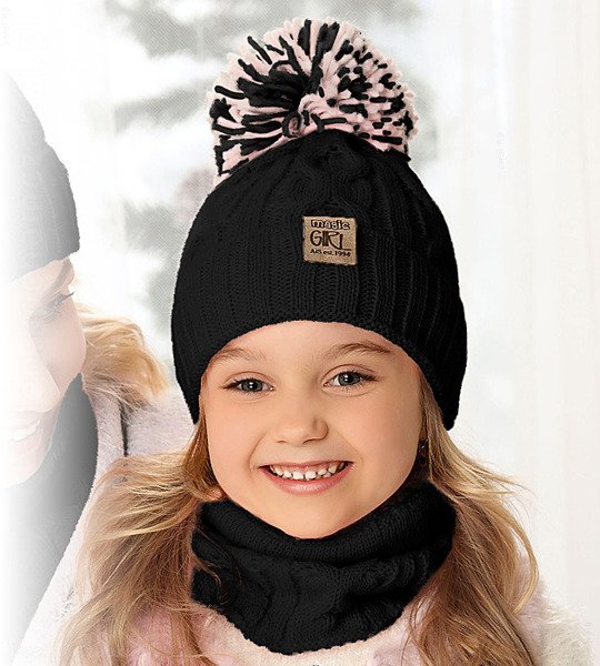 Czarna czapka dla dziewczynki, zimowy komplet z kominem, Ma Girl, rozm. 48-52 cm