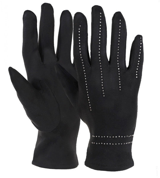 Czarne rękawiczki damskie z weluru, eleganckie dżety, M-L