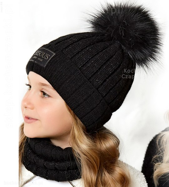 Czarny komplet na zimę, czapka i komin dla dziewczynki, Bisous 50-54 cm