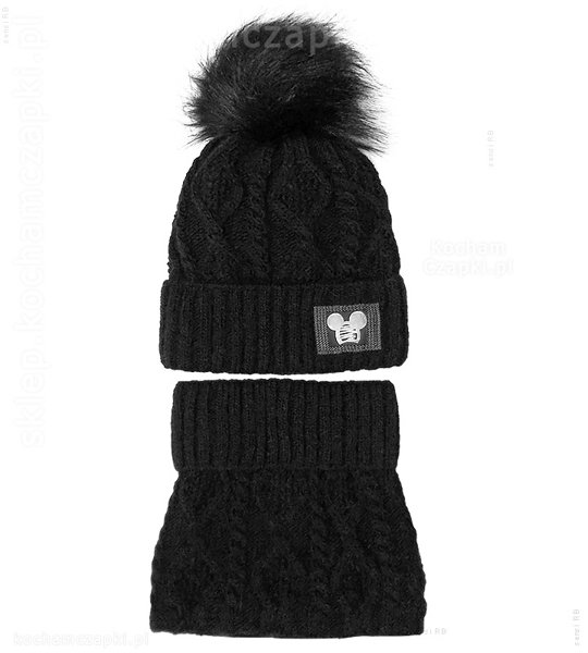 Czarny komplet na zimę, czapka i komin dla dziewczynki,  Krisana rozm. 49-53 cm