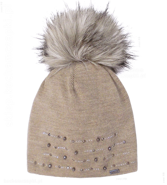 Elegancka czapka damska z pomponem, Selma, beżowa, 55-57 cm