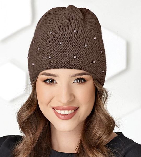 Elegancka czapka z perełkami, damska zimowa Casja  rozm. 55-57 cm
