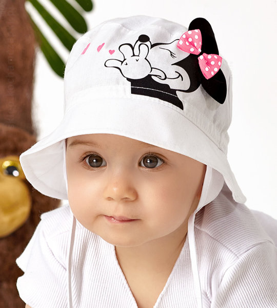 Kapelusz wiązany dla dziewczynki, z myszką Mini, biały, Emira, 48-50 cm