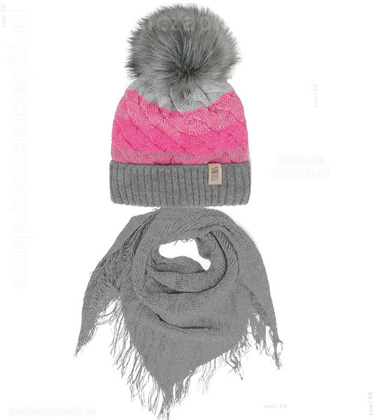 Komplet Wakai czapka z pomponem i chusta z fędzlami na zimę  rozm. 52-55 cm