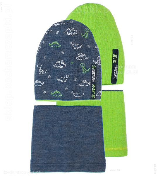 Komplet chłopięcy, dwustronna czapka smerf i komin zima, Erland z dinozaurami, rozm. 48-52 cm