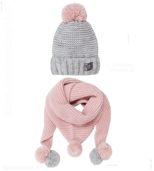Komplet czapka i chusta dla dziewczynki, z pomponem, Fanny, rozm. 52-56 cm