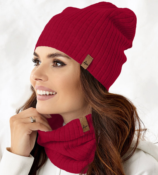 Komplet czapka i komin damski, wiosenny-jesienny, Catrine, czerwony, 55-56 cm