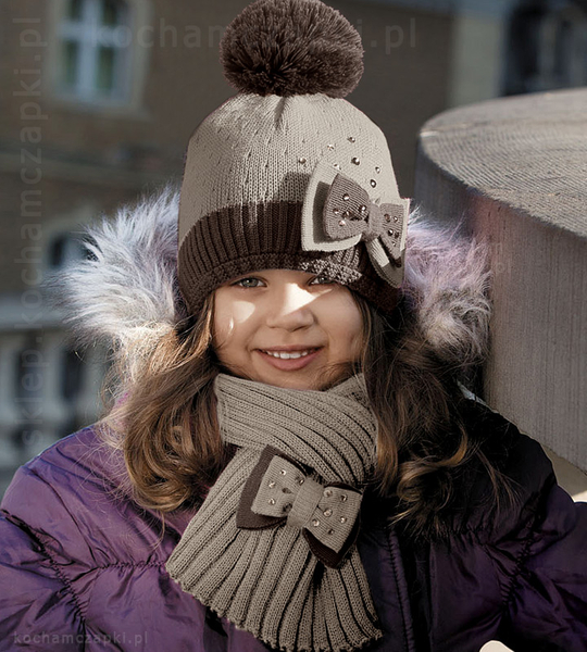 Komplet czapka i szal zimowy dla dziewczynki Alina, beż + brąz, rozm. 50-52  cm