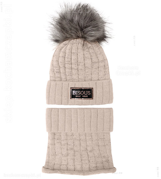 Komplet czapka z kominem zimowym, damski Bisous Vous , rozm. 54-56 cm