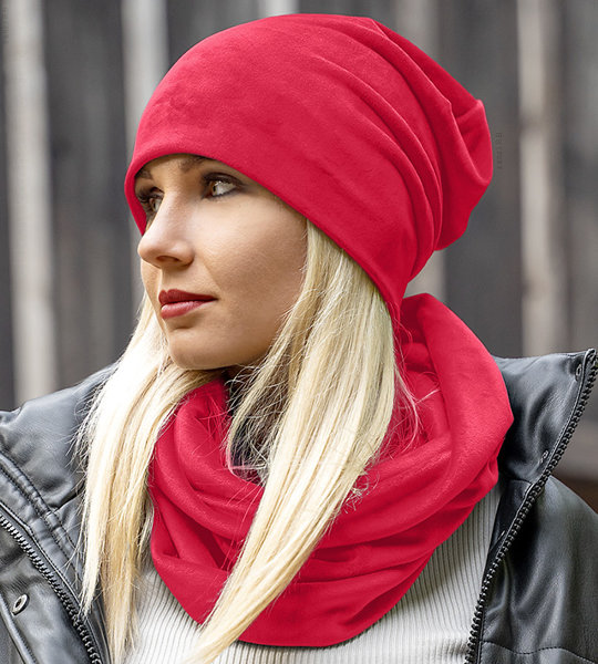 Komplet jesienno-zimowy, czapka damska i komin, Marietta, czerwony, rozm. 55-58 cm