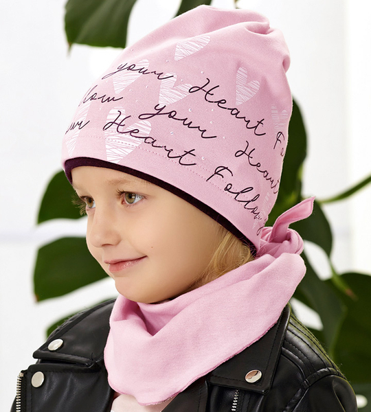 Komplet wiosenny-jesienny, czapka i chustka dla dziewczynki, różowy, Follow You, 52-54 cm