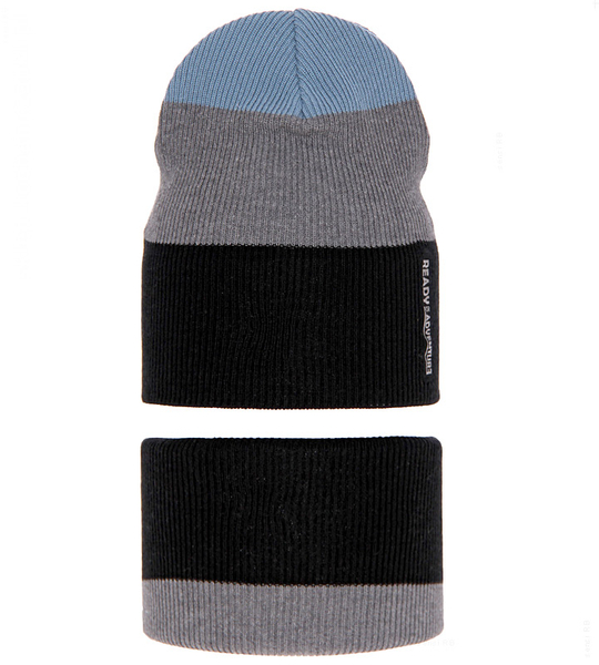 Komplet wiosenny/jesienny dla chłopca, czarny + szary + niebieski, czapka i komin, Nobo, 50-54 cm