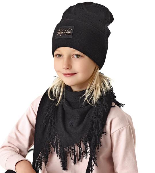 Komplet wiosenny/jesienny dla dziewczynki, czarny,  czapka i chusta, Estrid, 50-54 cm